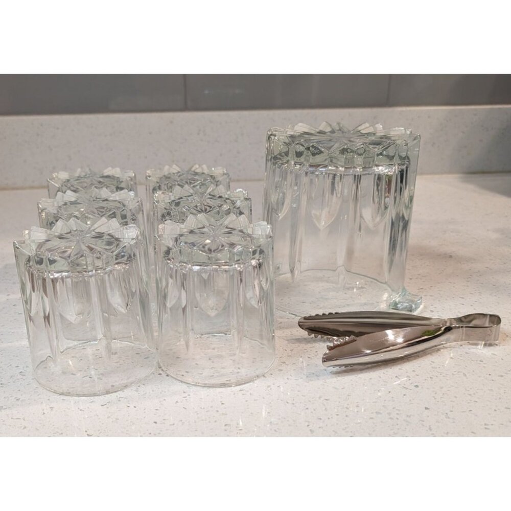 Clear Glass Ice Bucket Set 6 Glasses Italy-Made Tongs - Picture 14 of 16